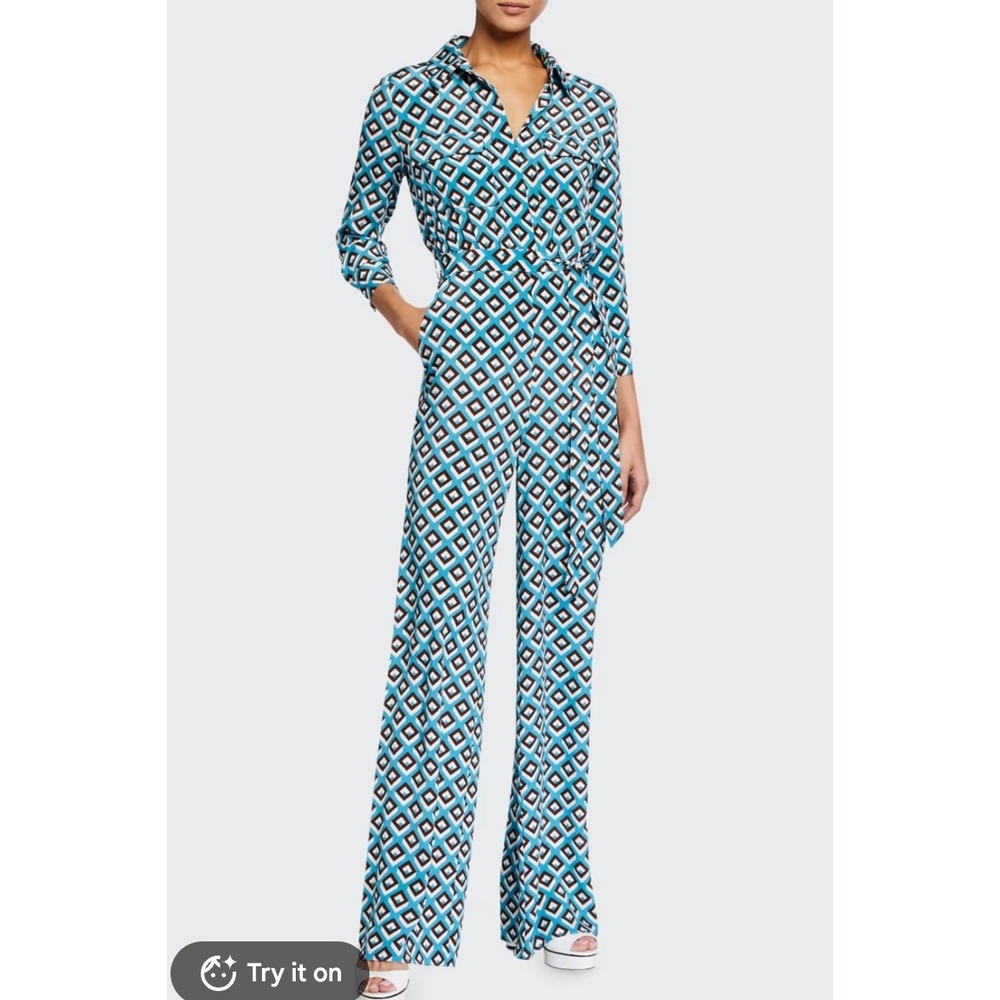 Diane von Furstenberg NWT Sandy Jumpsuit 8 Retro Silk Geo Print Blue Belt